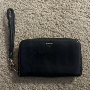 Black Leather Fossil Zip Around Wallet Wristlet
